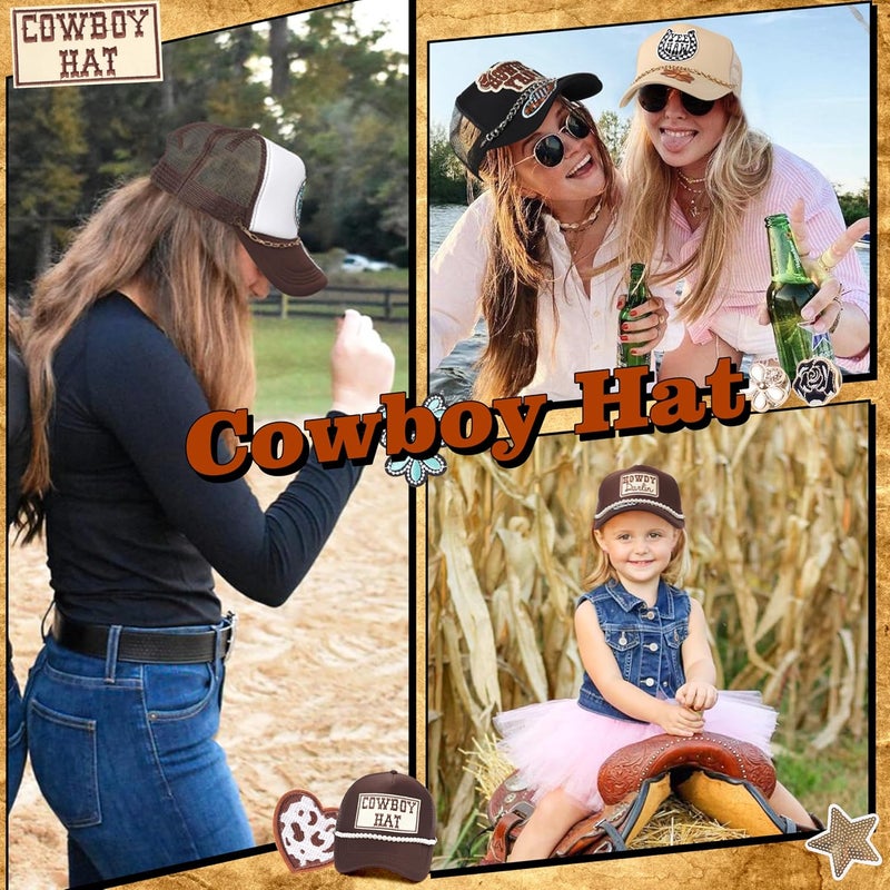 Meneng Western Trucker Hat for Cowboy: Men Women Adjustable Snapback Caps with 8pcs Embroidered Patches and a Chain - Image 3